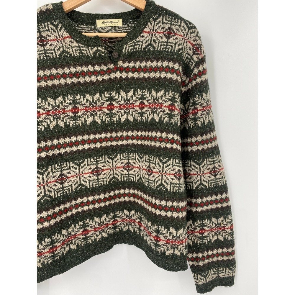 Vintage Eddie Bauer Sweater L Green Fair Isle Henley Wool Blend Long Sleeve